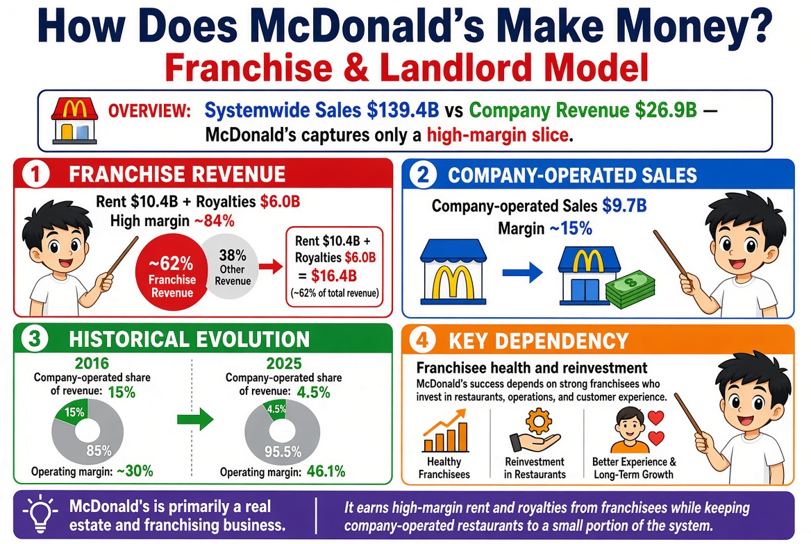 How Does McDonald's Make Money? Franchise & Landlord Model — McDonald's primarily earns high-margin rent and royalties on a ~$139B systemwide sales base while operating only a small share of restaurants itself.